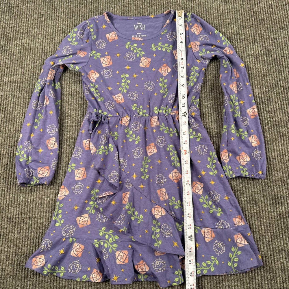 Disney Wish Girls Purple Floral Star Ruffle Faux Wrap Dress Large Long Sleeve - Picture 4 of 7